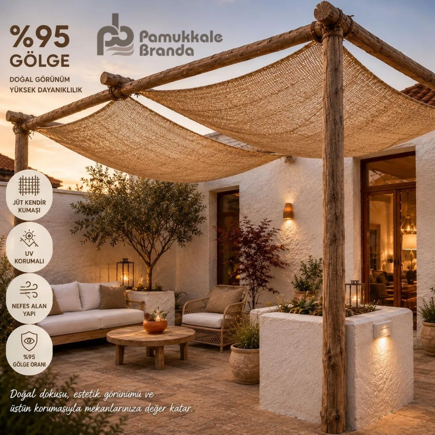 3 X 3 M Jüt Gölgelik Tente Doğal Hasır Kumaş Güneşlik Bahçe Teras Pergola Gölgelik